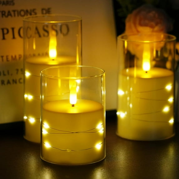 Realistic Flameless Candles with Remote Timer-3D Flickering LED Candles Set of 3(4”/5”/6”, Battery Candle in Glass Powered Safe for Home/Wedding/Party/Table
