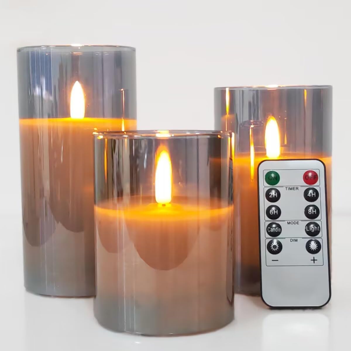 Realistic Flameless Candles with Remote Control, Grey Glass Design, Set of 3