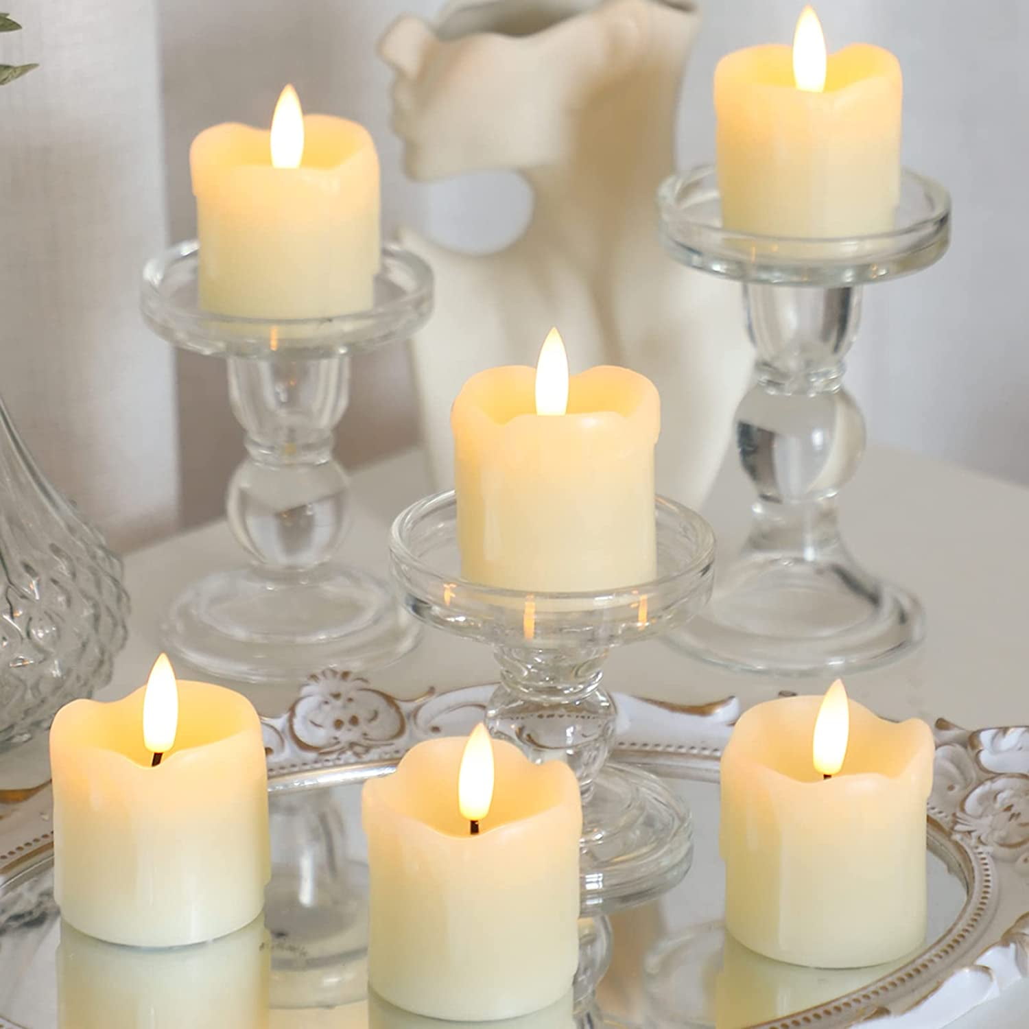 Realistic Flameless Ivory White Votive Candles with Remote and Timer, Pack of 6 (2" x 2") LED