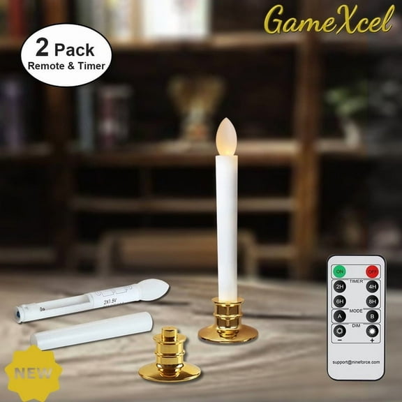 Realistic Flameless Taper Candles (Set of 2) - Remote & Timer-Controlled LED Window Lights w/ Elegant Gold Holders