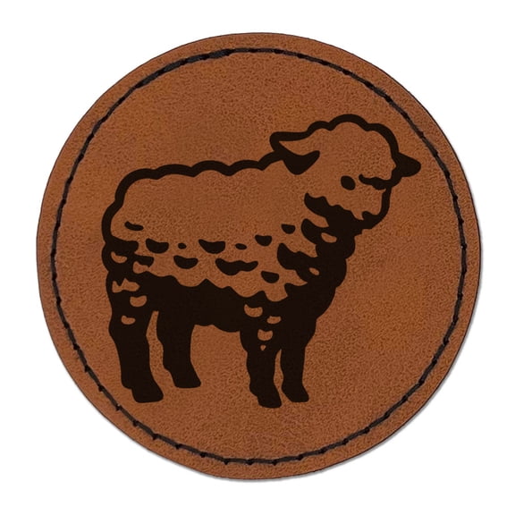 Realistic Fluffy Lamb Sheep Standing Round Iron-On Engraved Faux Leather Patch Applique - 2.5 Inch - Brown