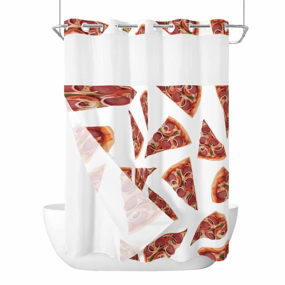 Realistic Food No Hook Shower Curtain with Snap in Liner Pepperoni Pizza Yummy Thin Crust Waterproof Bathroom Shower Curtain with See Through Top Window for Bathtub 72" x 84"