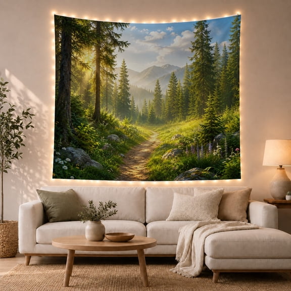 A Realistic Forest Path with Lush Pine Trees and Mountain Vista, Serene Rustic for Nature Lovers, Scenic Landscape Wall Art, Housewarming Gift, Tapestry Wall Hanging for Bedroom and Living Room