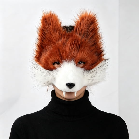 Realistic Fox Mask with Teeth,Half Face Plush Fursuit Fox Mask,Furry Therian Fox Masks for Halloween
