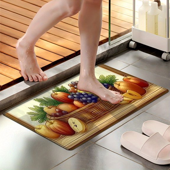 Realistic Fruit Basket Flannel Soft Kitchen Rugs Non Slip Washable, Throw Mat with Apple Grape Lemon Orange Leaf on Wooden Tabletop, Non-Skid Runner for Living Room Laundry Bathroom Floor