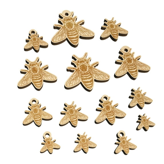 Realistic Fuzzy Honey Bee Wood Mini Charms Shapes DIY Craft Jewelry - With Hole - Various Sizes (16pcs)