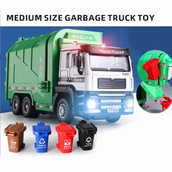 Realistic Garbage Truck Toy Set with Trash Can & STEM Learning Cards | 6+ Years Interactive Pull-Back Vehicle for Boys & s,