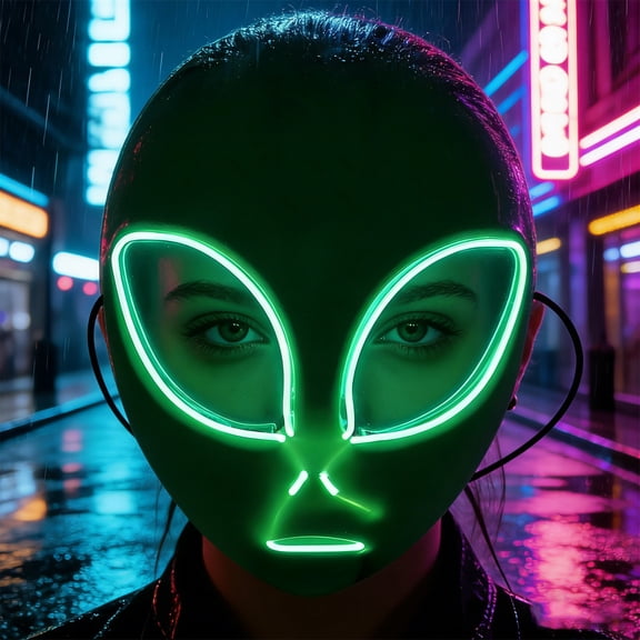 Realistic Glowing Alien Mask,LED Light Up Alien Mask,Green UFO Headgear Dress Up for Halloween Birthday Roler Play Party