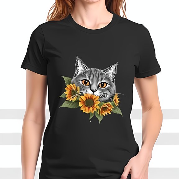 Realistic Gray Tabby Cat Peeking from Sunflowers Cotton Short Sleeve T-Shirt for Women