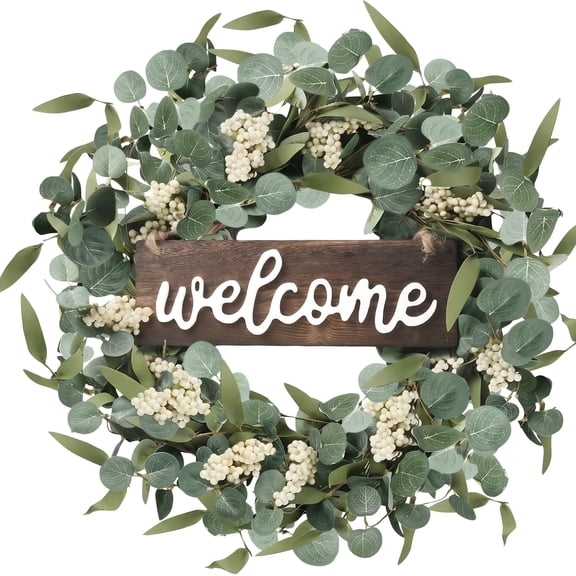 Realistic Green Eucalyptus Wreath, Artificial Spring Summer Wreath with White Berries and 3D Welcome Sign, for Front Door, Wall, Window, Farmhouse, Porch, Patio, Garden, Festival Decor, Green, White