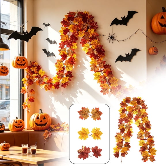 Realistic Halloween Maple Foliage Garland, 5.8Ft Bendable Artificial Maple Leaf Vine Garland for Fireplace Mantel, Living Room Wall & Thanksgiving Decorations