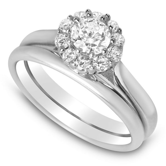 Realistic Halo Setting Sterling Silver CZ Wedding Set, Cubic Zirconia Bridal Rings Matching 2 PC Size 5