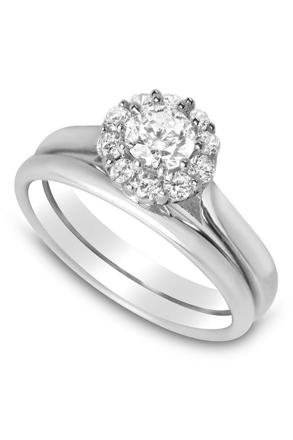 Realistic Halo Setting Sterling Silver CZ Wedding Set, Cubic Zirconia Bridal Rings Matching 2 PC Size 5