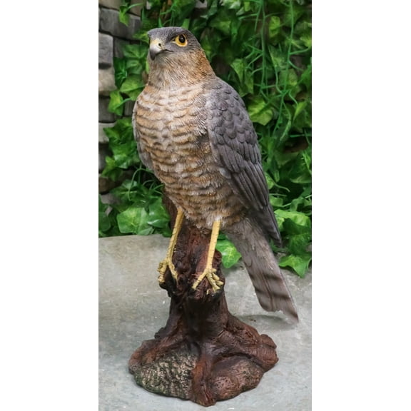 Realistic Hand Painted Eurasian Sparrowhawk Perching On Tree Stump Figurine
