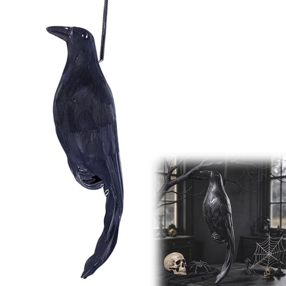 Realistic Hanging Crow Decoy 13Inch, Lifelike Plastic & Feather Bird Scare Repeller for Garden & Yard, Halloween Spooky Prop with 2-Way Hanging