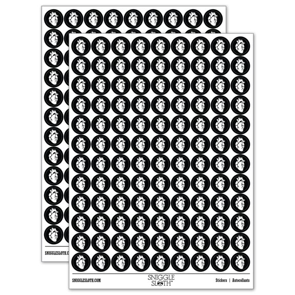 Realistic Heart Four Chambers Anatomy Biology Love Science 200+ Round Stickers - Black - Gloss Finish - 0.50" Size