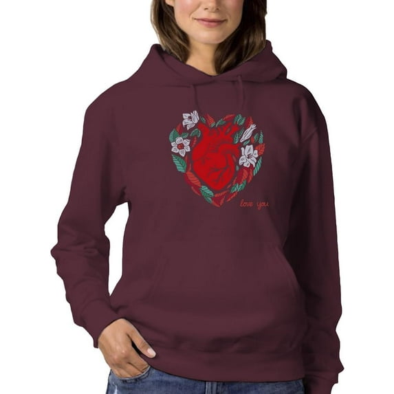 Realistic Heart W Flowers Hoodie Women -Image by Shutterstock, Female 3X-Large