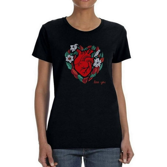 Realistic Heart W Flowers T-Shirt Women -Image by Shutterstock, Female 3X-Large