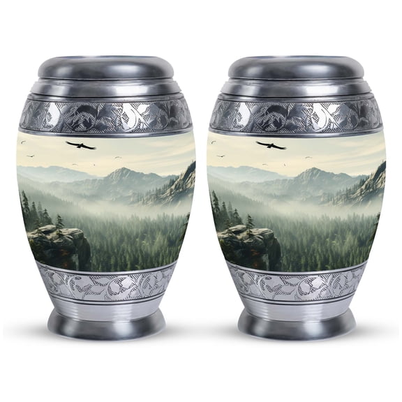 Realistic Illustration Of Mountains & Forest Keepsake Urns For Human Ashes, Urns For Men Ashes, Small Urns For Human Ashes, Miniature Urn For Women Ashes, Metal Cremation Urns For Adults 3inch,2PCS