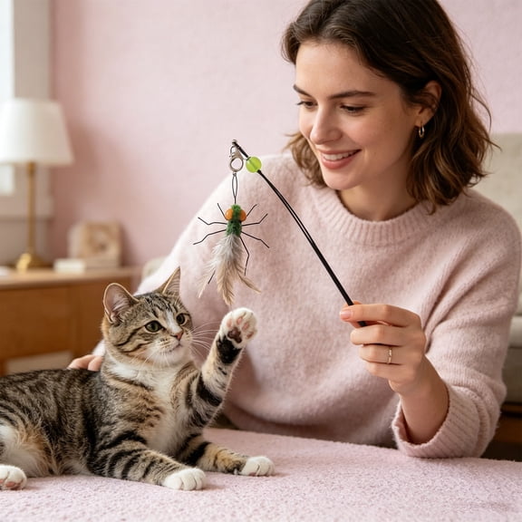 Realistic Insect Cat Toy Refill Head, Handcrafted Feathers Mimic Flight with Irregular Trajectory, Universal Metal Buckle for Wand Replacement Indoor Play