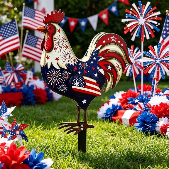 Realistic Iron Rooster Ground Stake, Patriotic Red White Blue Outdoor Fake Flowers, Weather Resistant Decorative Artificial Flowers For Garden Yard