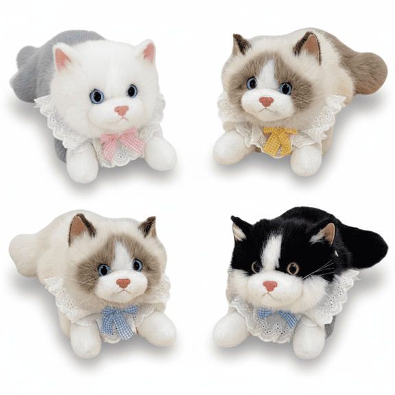 Realistic Kitten Plush Stuffed Cat Decorative Figure with Bib and Bowtie Soft Lying Feline Model for Home Shelf Decor and Hobby Collection - Gray:S