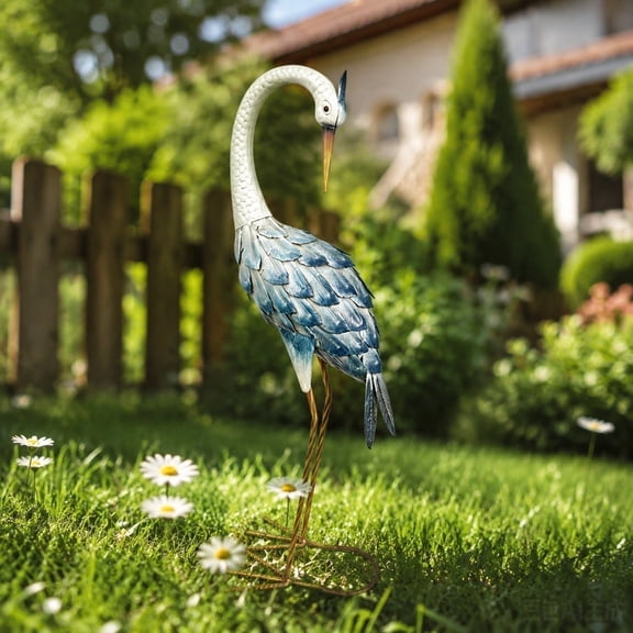 Realistic Metal Blue Heron Garden Statue Lifelike Waterproof Crane Sculpture Outdoor Lawn Patio Yard Decor Ornament