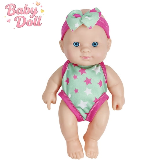 Realistic Mini Swimming Reborn Baby Doll, Vinyl Doll with Color Chevron Swimsuit & Bow Headband, Poseable Joints Summer Water Play Toy, Cuddly Christmas Birthday Gift for Toddlers Kids Girls Ages 3+