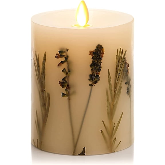 Realistic Moving Flame Pillar Candle with Lavender and Rosemary Inclusion Battery Operated LED Remote Ready 3.25 Inch Diameter x 4.5 Inch Height Bestseling