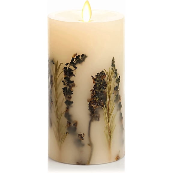 Realistic Moving Flame Pillar Candle with Lavender and Rosemary Inclusion Battery Operated LED Remote Ready 3.25 Inch Diameter x 6.5 Inch Height Bestseling