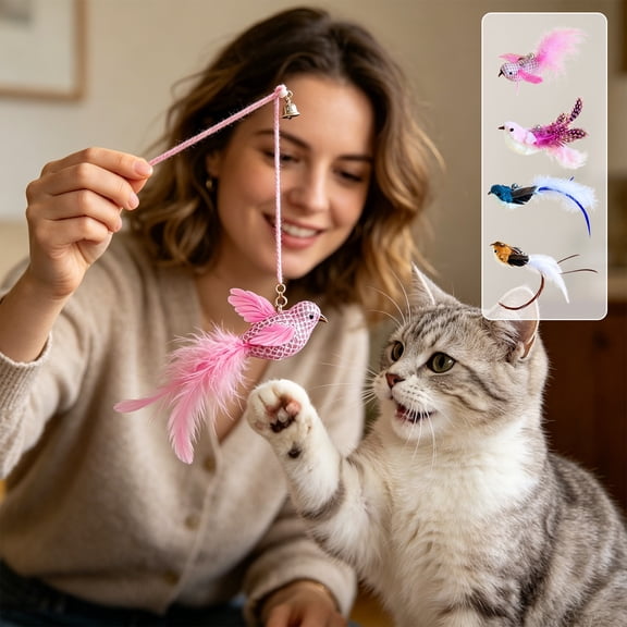 Realistic Multicolor Bird Cat Toy Refill Heads Wear Resistant Plastic Feather Teaser Wand Attachments Universal Reusable Replacement Tips Wand Excluded A