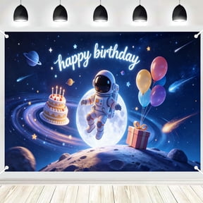 Realistic Neon Space Astronaut Birthday Backdrop, Moon Planet Cosmic Party Photography Background 4x6ft