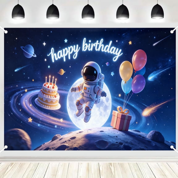 Realistic Neon Space Astronaut Birthday Backdrop, Moon Planet Cosmic Party Photography Background 5x7ft
