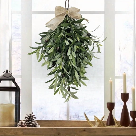 Realistic Olive Branch Wreath Teardrop Swag,Artificial Faux Greenery Hanging Pendant for Front Door,Wedding Arch,Window & Wall Decor,Year-Round Indoor/Outdoor Farmhouse Porch Decoration