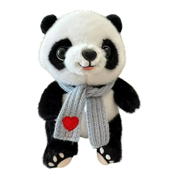 Realistic Panda Plush Stuffed Animal with Pink Scarf, 9.4in Sitting Panda Bear Doll, Soft Wildlife Plushie for Collection, Cute Animal Room Decor Gift