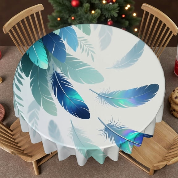 Realistic Peacock Feathers Blue Shiny Foliage Tablecloth for dining table round, Polyester Tablecloths - Holiday-Themed Design Family Round Tablecloth, Cafe, dinner, brunch, buffet, picnic