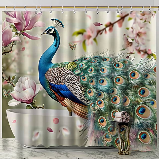 Realistic Peacock Shower Curtain Beautiful Long Feathered Peacock