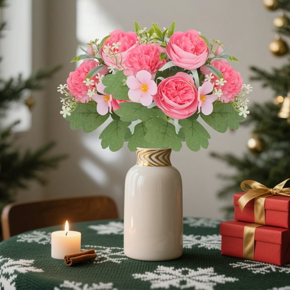 Realistic Peony Silk Flower Bouquet - Artificial Wedding Centerpiece Decor Dusty Tone Floral Arrangement Waterproof Home Accent(Pink-D)