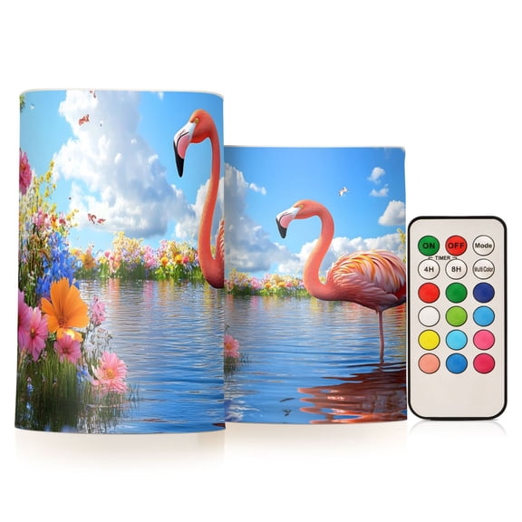 Realistic Pink Flamingo Flower Flickering Flameless Candles Battery Operated with Remote Timer LED Pillar Candles Set of 2