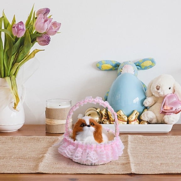 Realistic Plush Dog in Lace Basket, Adorable Stuffed Animal Decor for Home Office Shelf Display, Romantic Spring Easter Accent with Pink Ruffle Trim