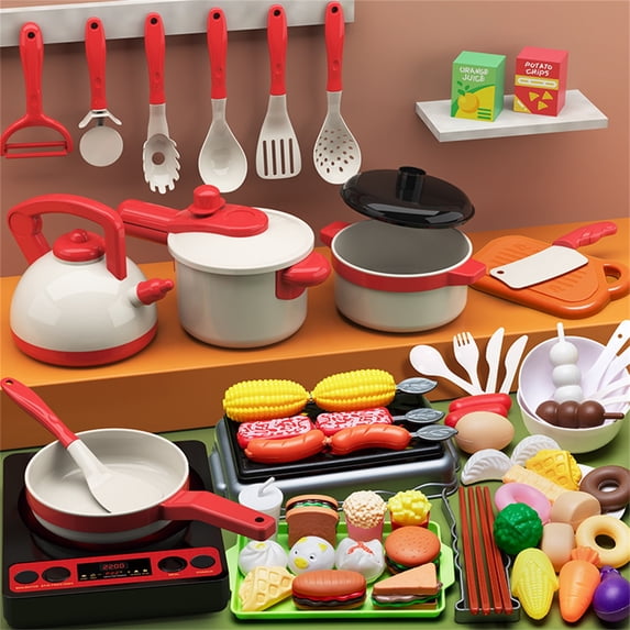 Realistic Pretend Play Kitchen Set with Cutting Vegetables and Fruit Simulation Toys for Imaginative Cooking Activities, Role Play Learning and Fine Motor Skills Development