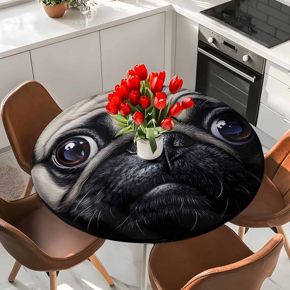 Realistic Pug Dog Pattern Round Fitted Tablecloth with Elastic Edge,Waterproof Table Cloth Fits Tables Up to 36"-44",Wipeable Washable Table Cover for Indoor Outdoor Dinning Party,Dark Background