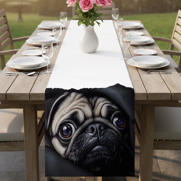 Realistic Pug Dog Pattern Table Runner 13x36in Non-Slip Cotton Linen Table Runners, Dark Background Dresser Scarves TableRunner for Dinner Kitchen Dining Wedding Party