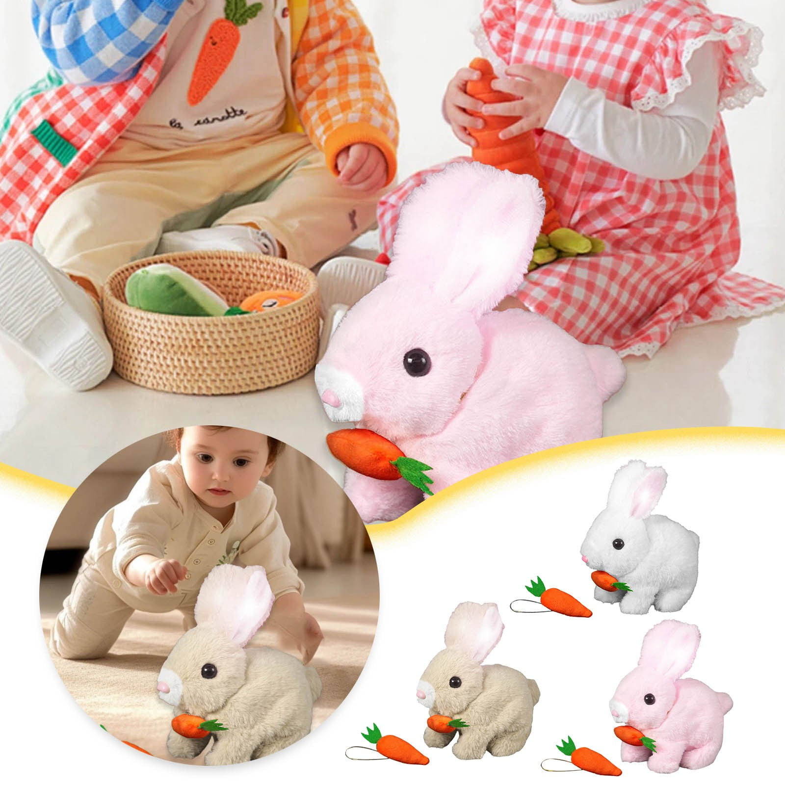 Realistic Rabbit Plush Toy Handmade Easter Bunny with Jumping Twitching Moving Ears, Lifelike Animal Stuffed Rabbit for Easter Basket Stuffers Spring Decor Home Decorations