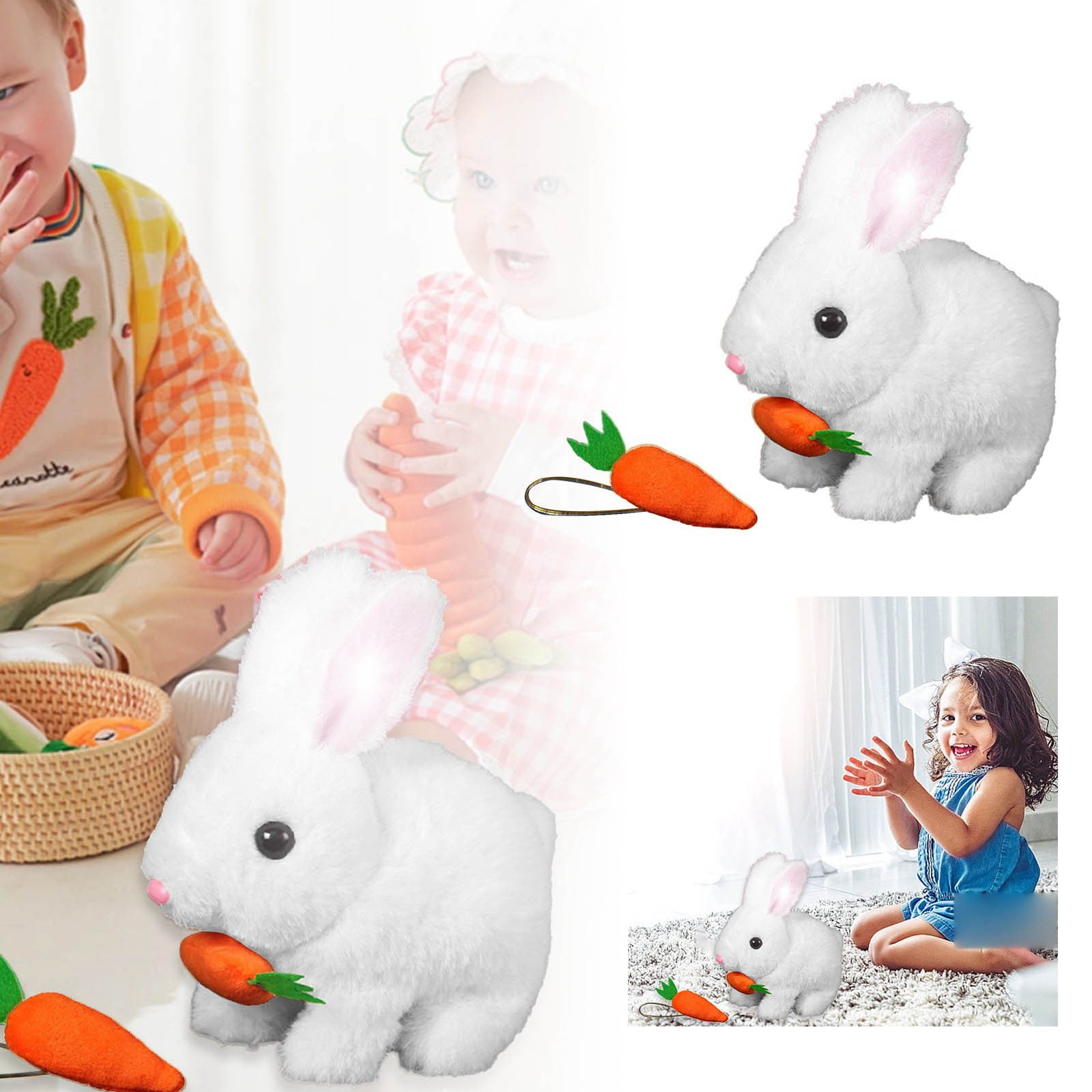 Realistic Rabbit Plush Toy Handmade Easter Bunny with Jumping Twitching Moving Ears, Lifelike Animal Stuffed Rabbit for Easter Basket Stuffers Spring Decor Home Decorations