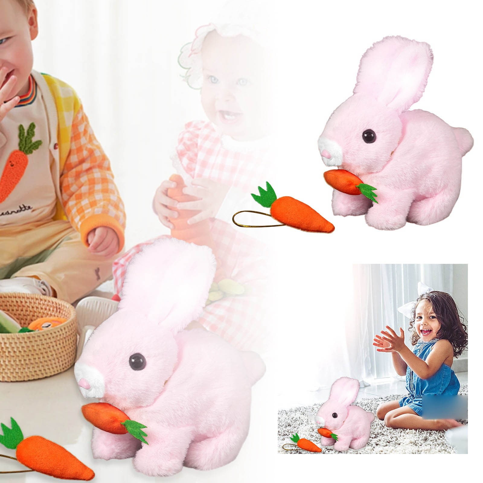 Realistic Rabbit Plush Toy Handmade Easter Bunny with Jumping Twitching Moving Ears, Lifelike Animal Stuffed Rabbit for Easter Basket Stuffers Spring Decor Home Decorations