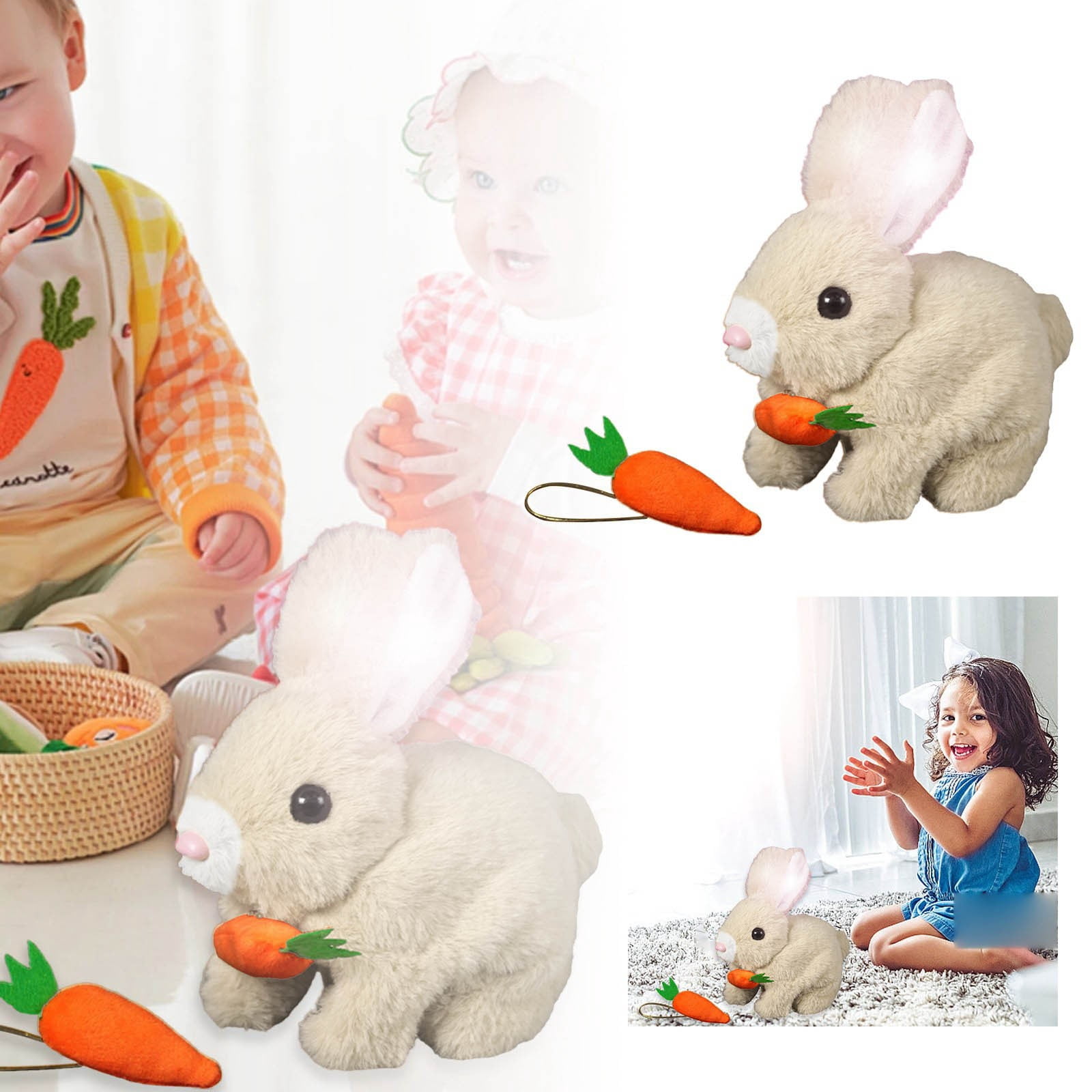 Realistic Rabbit Plush Toy Handmade Easter Bunny with Jumping Twitching Moving Ears, Lifelike Animal Stuffed Rabbit for Easter Basket Stuffers Spring Decor Home Decorations