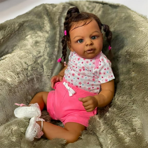 Realistic Reborn Baby Doll Black - 24 inch African Americans Lifelike Newborn Bebe Doll Girl Caramel Skin Soft Body Open Eyes Long Hair Real Life Like Baby Dolls Gifts
