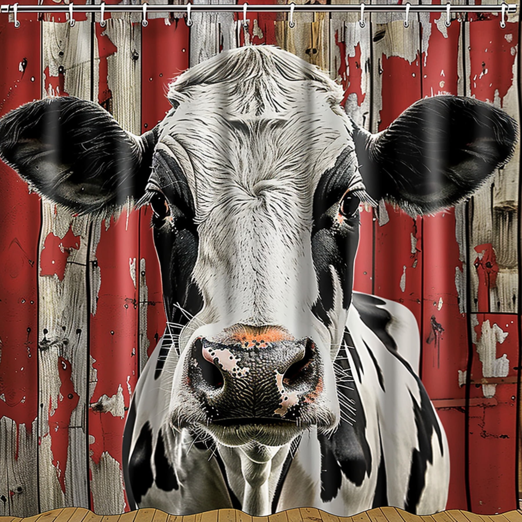 Realistic Red Barn Cow Shower Curtain Farm Animal Bathroom Decor