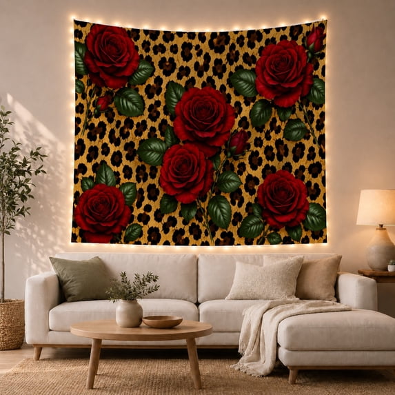 Realistic Red Roses with Golden Leopard Print, Romantic Maximalist for Floral Decor Lovers, Botanical Animal Print Art, Housewarming Gift Tapestry Wall Hanging for Bedroom and Living Room